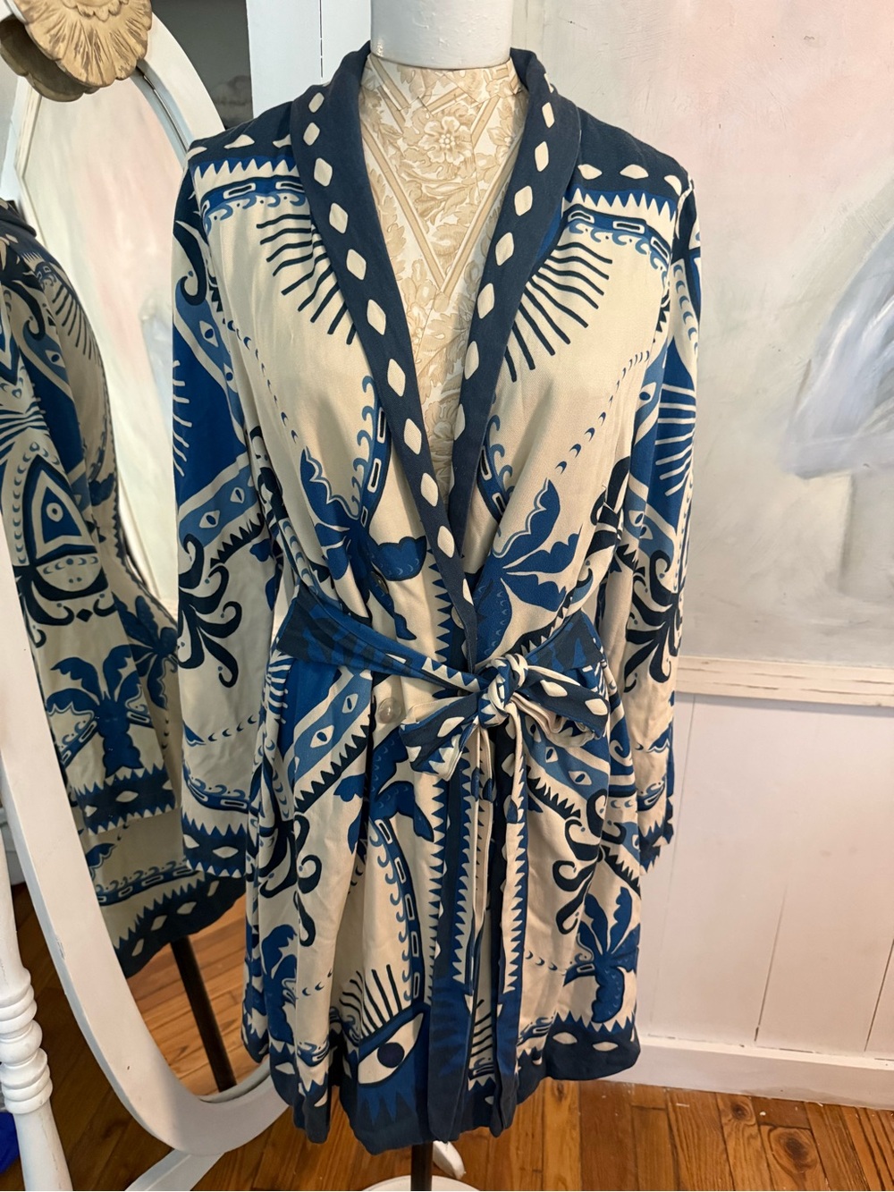 Farm Rio Women’s Blue & Cream Printed Wrap Jacket Dress double breasted